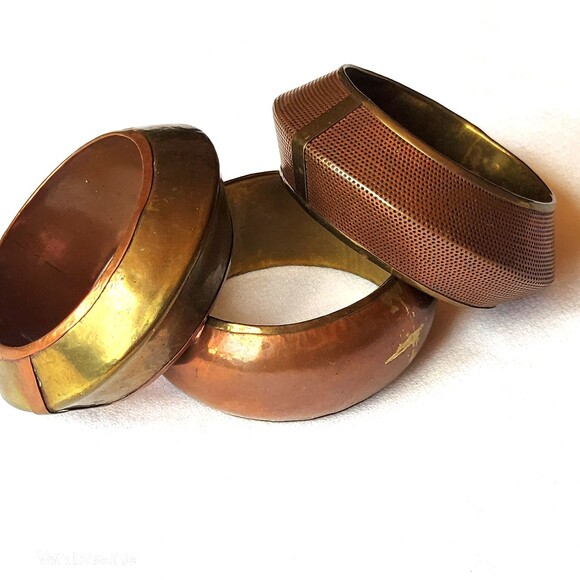 Vintage 1990s Bangle Bracelets Set Of 3 Copper Brass Metals - Picture 1 of 12